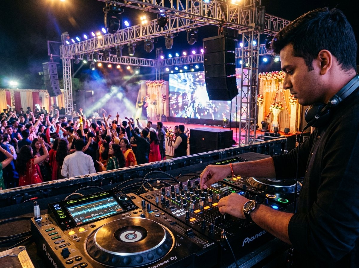Professional DJ mixing console and sound setup at Indian wedding sangeet party