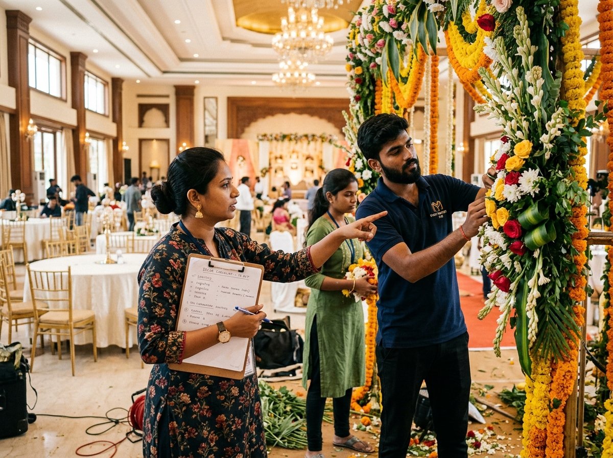 Event management coordinator reviewing floral arrangements at Hyderabad venue
