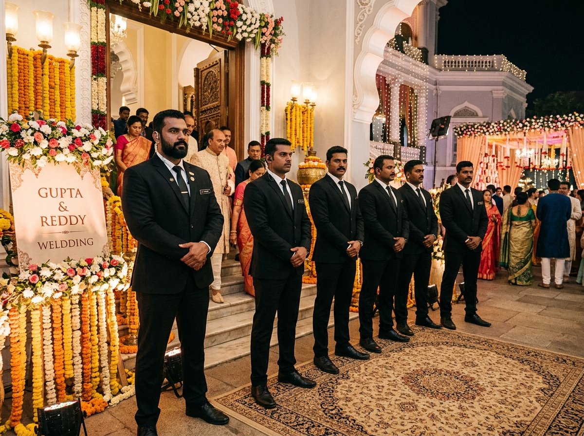 Professional Indian event security staff stationed at venue entrance